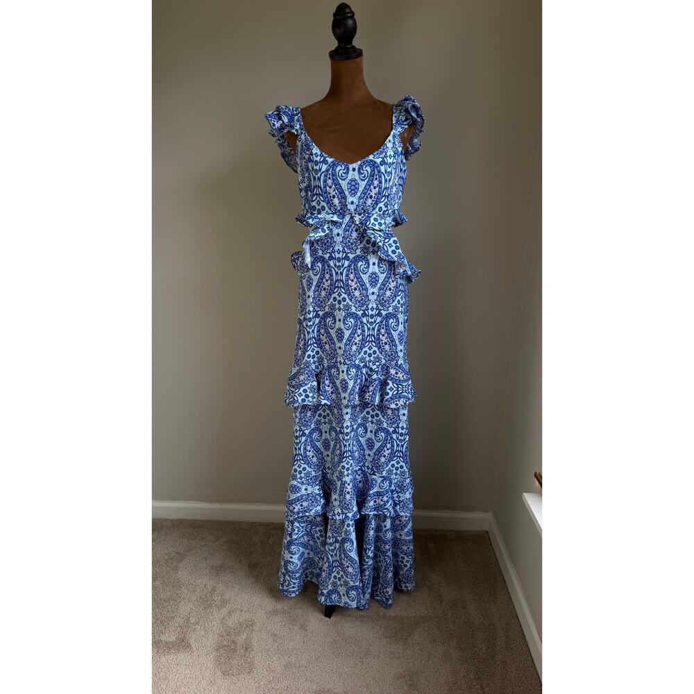 Simply Southern Women’s Blue Paisley Cutout Ruffle Maxi Dress Size M Boho - Picture 3 of 12